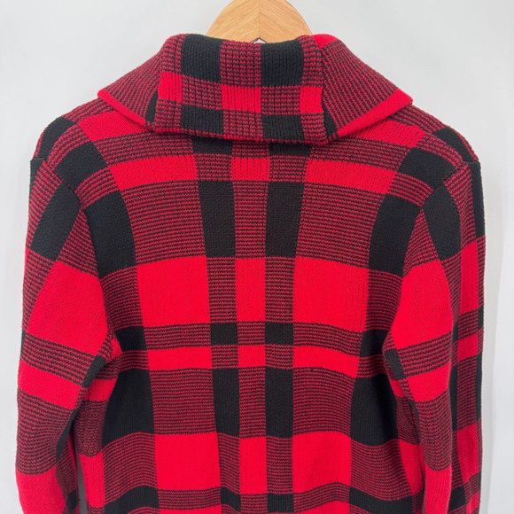 Chaps Sweater Jacket Mens S Red Black Buffalo Plaid Cotton Knit‎ Shawl Collar - Picture 7 of 9